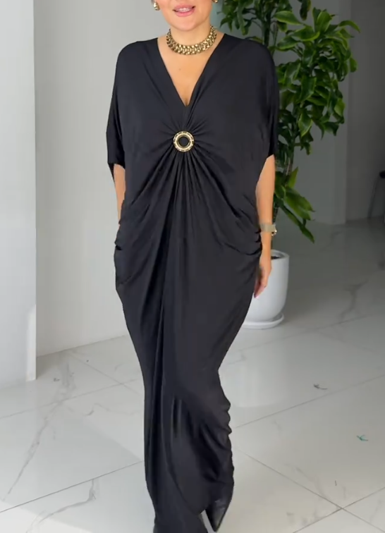 Retro V-Neck Black Casual Maxi Dress