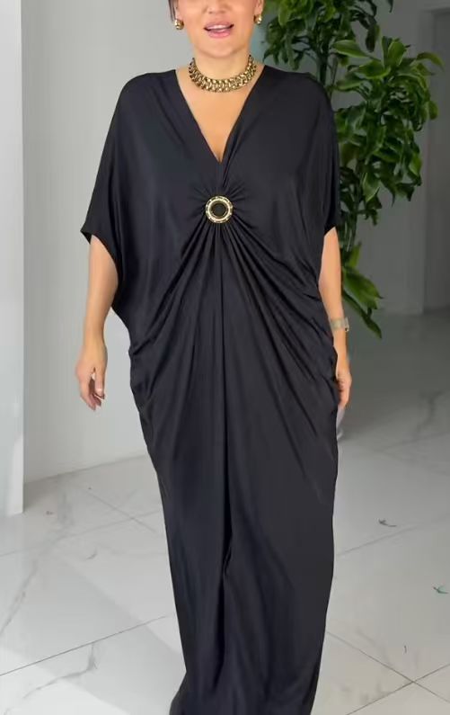 Retro V-Neck Black Casual Maxi Dress