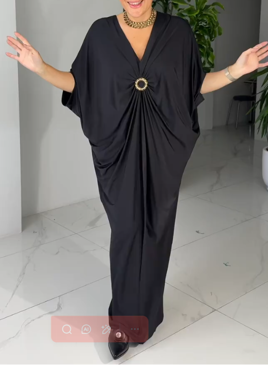 Retro V-Neck Black Casual Maxi Dress